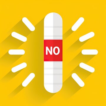 A large white pill with a red NO label surrounded by smaller pills on a yellow background
