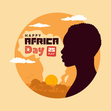 Africa Day 2026 Celebration Illustration with African Woman Silhouette and Sunset Landscape. Ideal for cultural events, diversity themes, and global celebration designs.