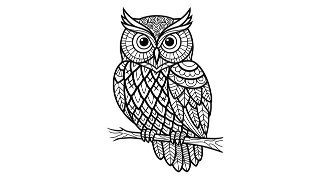 Zentangle style decorative owl illustration, intricate hand-drawn black and white line art on a branch for design