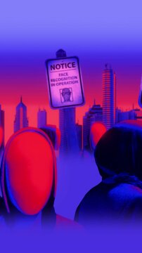 A group of faceless spinning mannequins and political statements contained on street signs on an endless loop.
