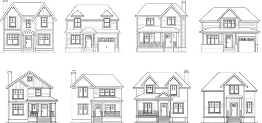 Obraz premium Architectural sketches showing multiple suburban family home designs with varied roof structures and window placements presented in a simple black and white line art style for building projects.