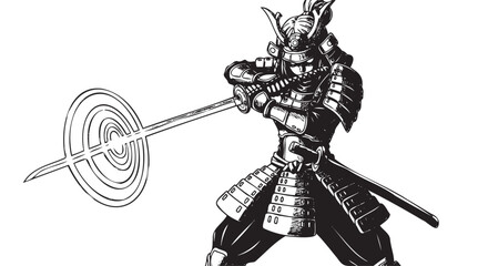 Fototapeta premium Samurai warrior, Japanese armor, black and white vector, sword and shield, medieval knight