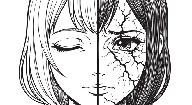 Split face illustration, cracked skin, contrast concept, emotional turmoil, vector artwork