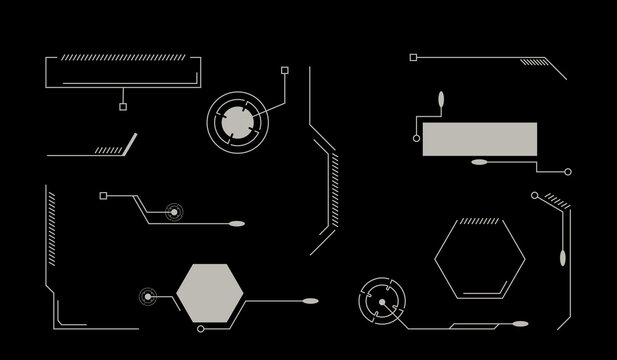 Futuristic HUD interface elements with thin white lines on dark background, minimal high-tech UI kit design.
