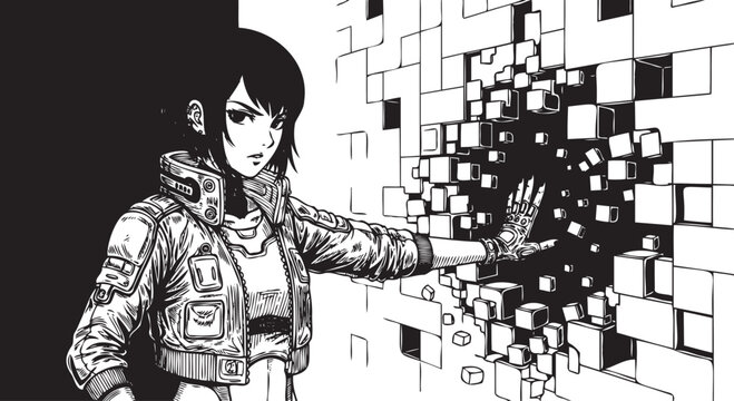 Futuristic woman, glitch effect, digital art, black and white illustration, sci-fi character