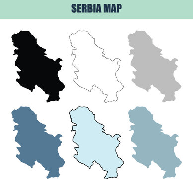 Serbia map outlines presented in 6 different style variations on a clean background for graphic design