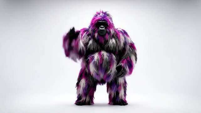 Vibrant Colorful Gorilla with shaggy multi-colored fur dancing on a white studio background, ideal for creative advertising and artistic video projects.