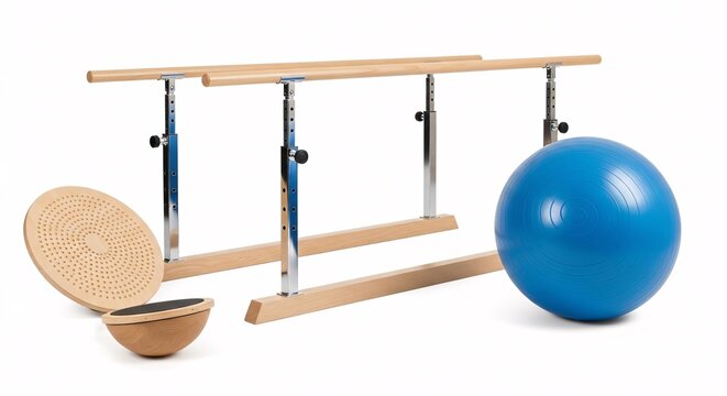 Fitness and therapy equipment: parallel bars gym ball.
