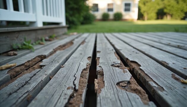 Worn grey deck boards show rot and decay. Gaps reveal dirt and debris beneath the wooden planks. Outdoor wooden surface needs repair and maintenance.