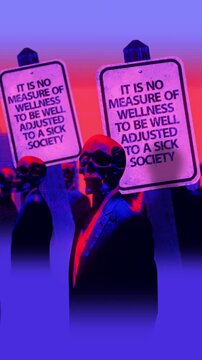 A group of faceless spinning mannequins and political statements contained on street signs on an endless loop.
