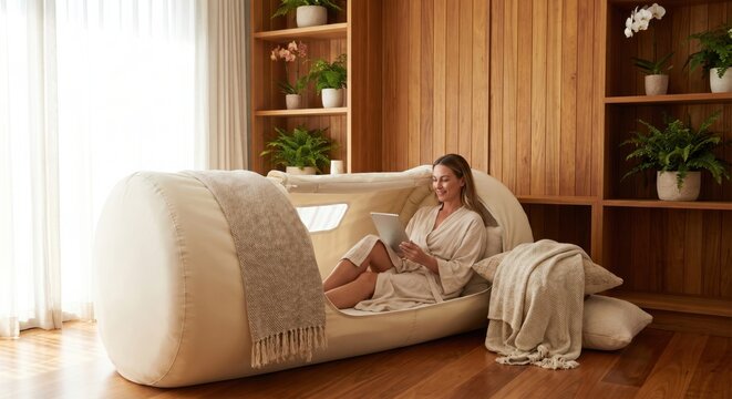 Woman in luxury wellness spa using portable hyperbaric chamber