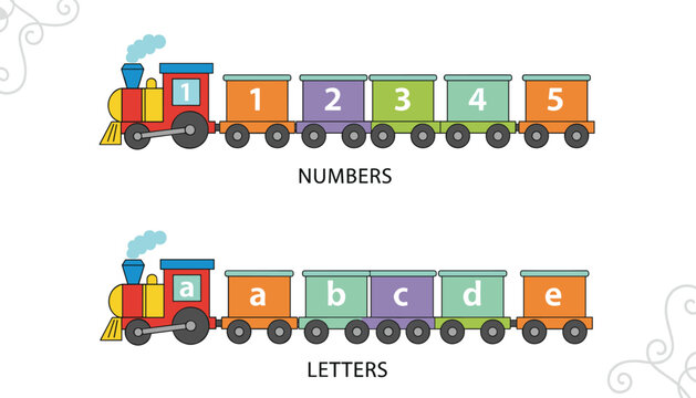 Cartoon trains with colorful boxcars showing numbers and letters for playful educational learning vector illustration