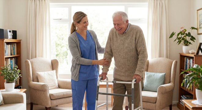 Therapist assisting senior man using walker at home