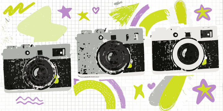 Retro cameras and playful doodles on a grid background