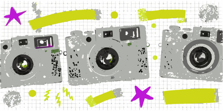 Retro cameras and colorful abstract shapes on a grid background
