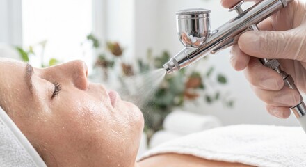 Naklejka premium Oxygen facial treatment with hydrating mist on woman's skin