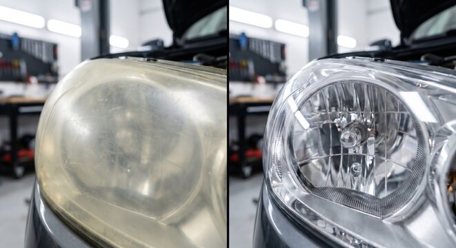 Car headlight restoration before and after comparison