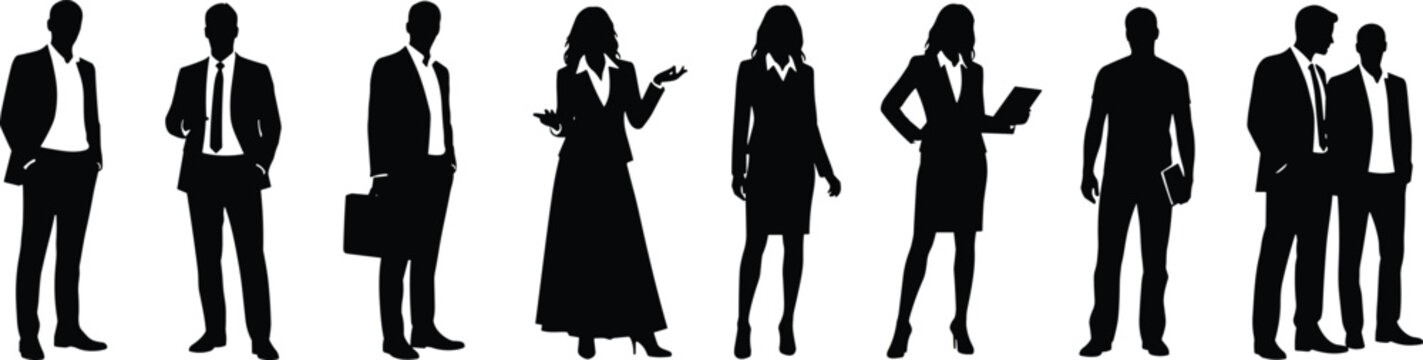 Business professional silhouettes with briefcases, folders, and diverse poses representing corporate workplace attire in vector illustration