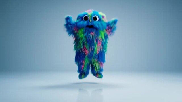 Adorable Colorful Fluffy Monster standing in a clean blue studio environment perfect for children's content and creative storytelling.