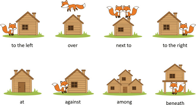 Cartoon fox with wooden houses demonstrating spatial prepositions of place including left, right, over, under, among, against
