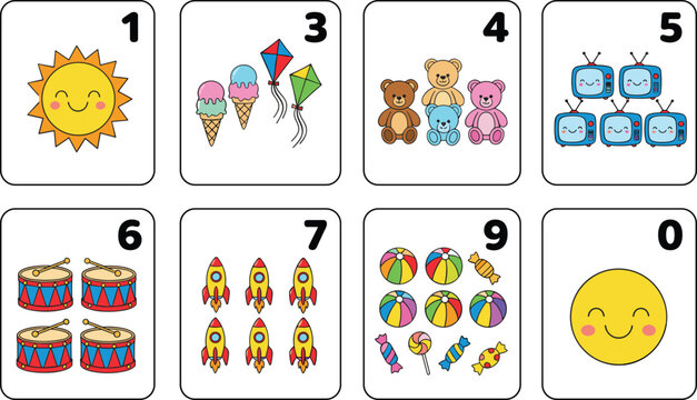 Cartoon number cards with playful objects teaching counting and math in educational vector illustration