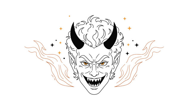 Menacing devil head with black horns and sharp teeth surrounded by flames and stars in a gothic line art style.