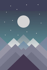 Minimalist illustration of mountains under a bright full moon at night © Juel