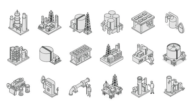 Extensive collection of eighteen black and white isometric icons depicting industrial factories, refineries, oil rigs, and gas stations.