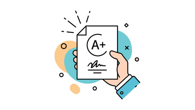 Hand proudly presents a test paper with a perfect A plus grade mark and a teacher signature against a colorful background.