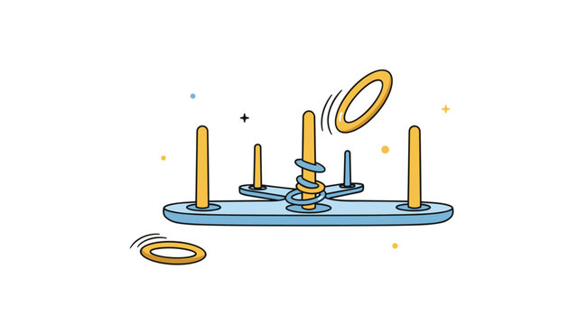 Classic ring toss game on a stand with several hoops flying in the air and landing on wooden pegs for carnival fun.