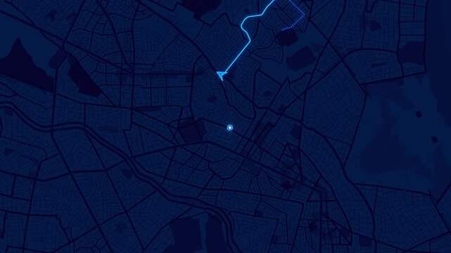 Futuristic Dark Route Navigation Display Night mode GPS navigation map with glowing route line. mobile navigation visuals, smart city presentations, travel apps, or digital mapping technology themes.