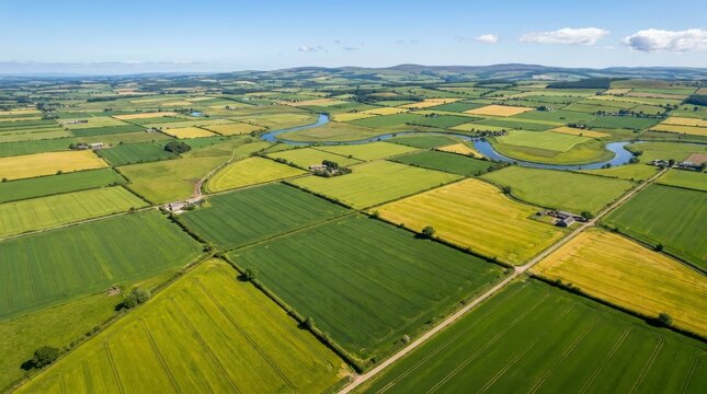Aerial View of Vibrant Patchwork Farmland with Meandering River Under Blue Sky