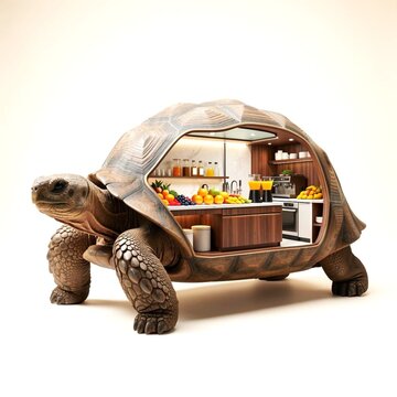 A highly detailed premium quality fantasy scene of a large tortoise with a uniquely patterned shell,seamlessly transformed into a sophisticated built in fruit juice mini shop
