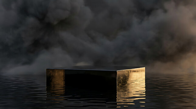 dramatic, abandoned concrete block, floating in water, smoke background, apocalyptic scene