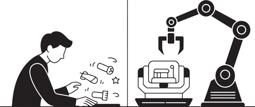 Engineer operates a computerized manufacturing workstation while a robotic arm performs automated assembly tasks in a modern production facility to streamline industrial workflow efficiency.