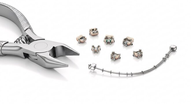 Orthodontic braces, pliers and metal arch wire for teeth straightening.