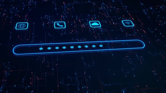 Neon Secure Login UI Bar cinematic digital background. branding, technology promo, UX demo, product reveal sleek input bar, circuitry grid, floating icons motion cyber security modern access control.