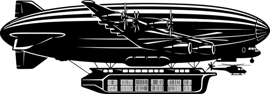 Vintage Blimp Airship, Black and White Illustration, Zeppelin, Air Travel