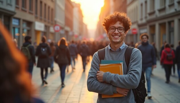 Young man with curly hair glasses holds books on busy city street. He wears backpack, smiles at camera during golden hour sunset. People walk past him in background.