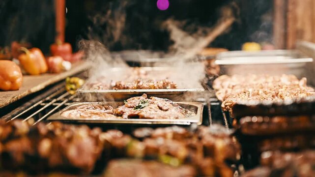 Grilling Meat Snacks At The Street Food Fair