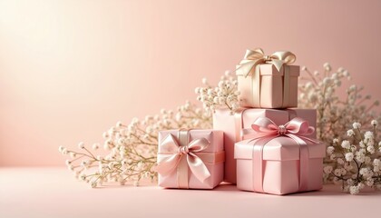 Fototapeta premium Neatly wrapped gift boxes tied with satin ribbons and delicate baby breath flowers. Presents arranged on a soft pastel pink background, conveying elegance and celebration. Ideal for any special event.