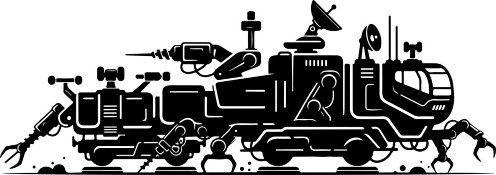 Industrial train, steampunk locomotive, black and white vector, futuristic railroad, machinery