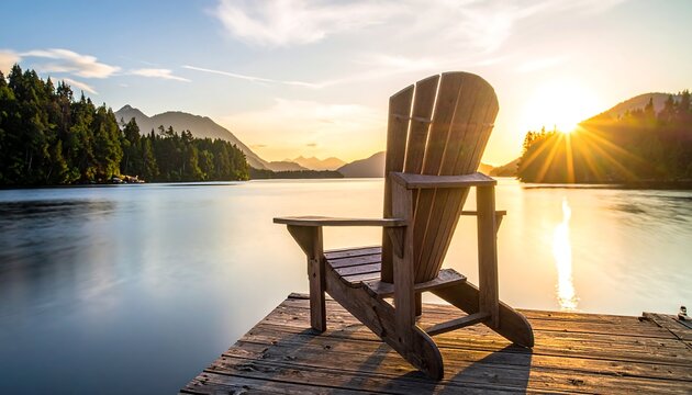 A wooden chair sits on a dock overlooking a lake. The sun rises between mountains, creating a radiant glow