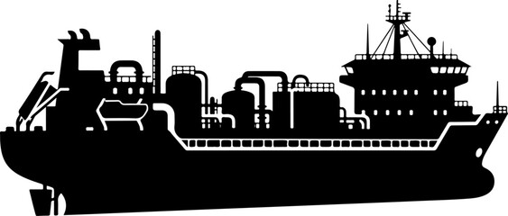 Obraz premium Industrial cargo ship, tanker vessel, black silhouette, industrial transport, maritime icon
