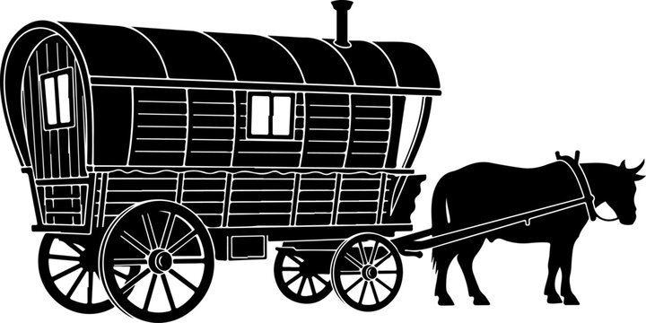 Vintage covered wagon, horse-drawn carriage, black silhouette, travel icon, transportation symbol