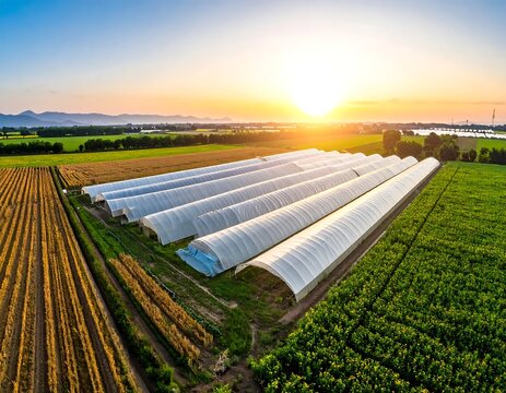 Aerial View Of Agricultural Greenhouse Polytunnels In Farm Fields At Sunset With Mountain Landscape Background And Warm Golden Hour Light