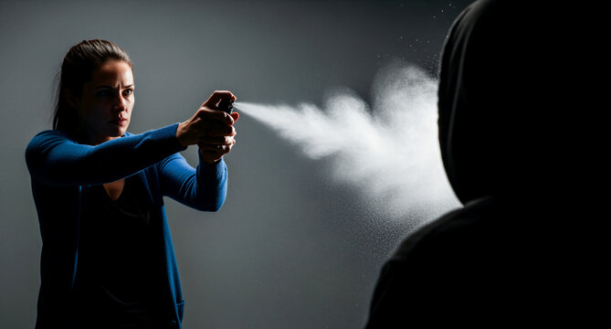 Woman spraying pepper spray at an attacker in a hooded sweatshirt. Determined female using self-defense aerosol against a mugger in the dark. Personal safety and crime prevention concept.