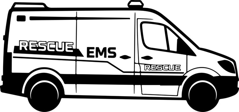 EMS rescue van, emergency medical services vehicle, black and white illustration, ambulance icon