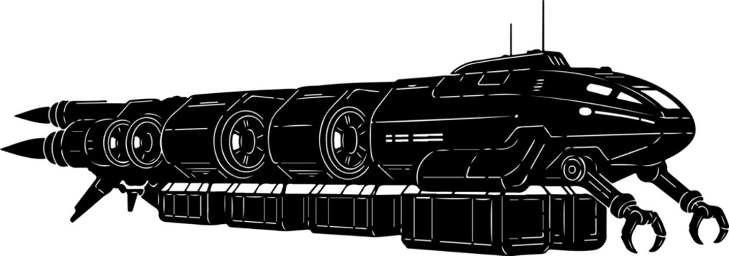 Futuristic spaceship, sci-fi vehicle, black illustration, space exploration, futuristic design
