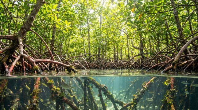 Vibrant Mangrove Forest: Split-Level View of Underwater Roots, Fish, and Lush Tropical Canopy